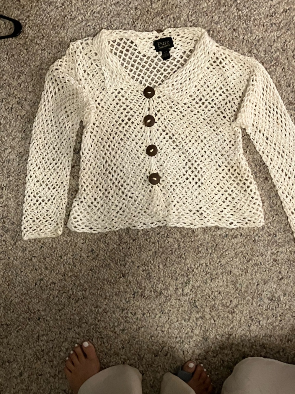 Pur Cream Open-Knit Button Front Cardigan with Wooden Buttons